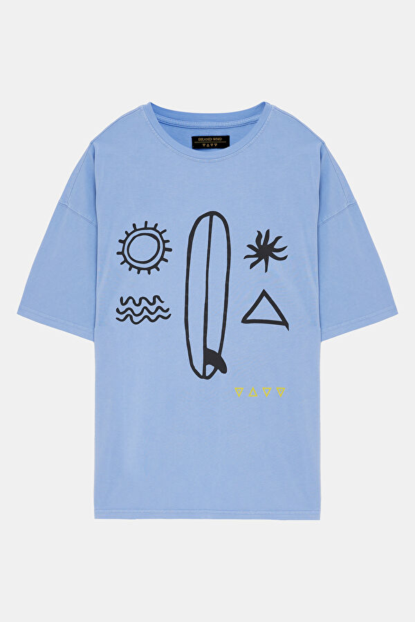 Relax Kalıp Mavi Bisiklet Yaka Baskılı Erkek T-Shirt