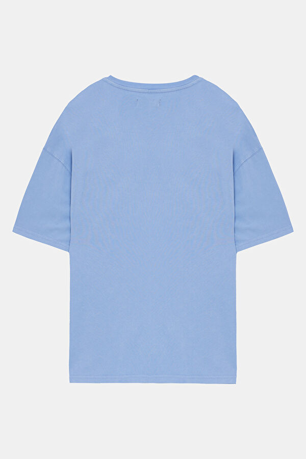 Relax Kalıp Mavi Bisiklet Yaka Baskılı Erkek T-Shirt 2
