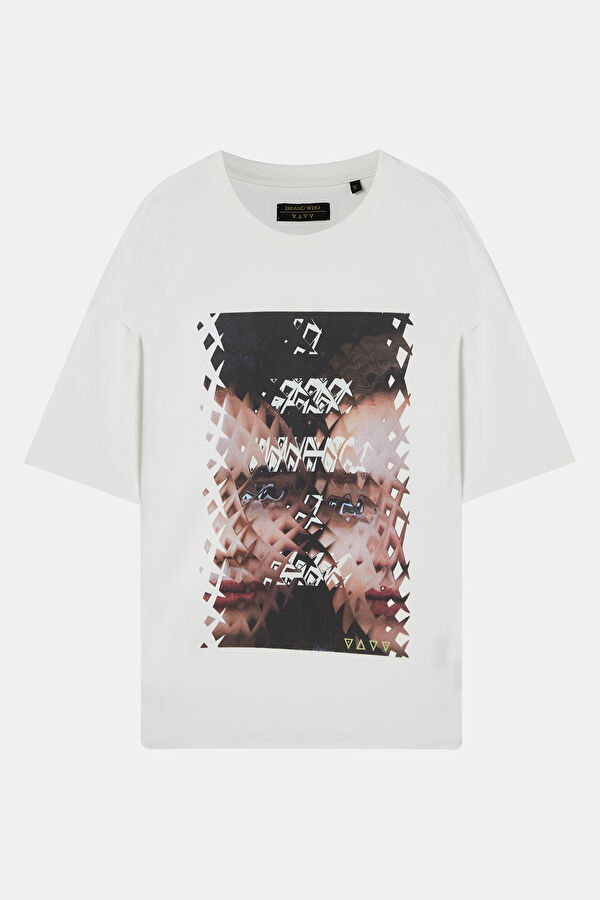 Relax Fit Off-White Crew Neck Printed Men's T-Shirt 3