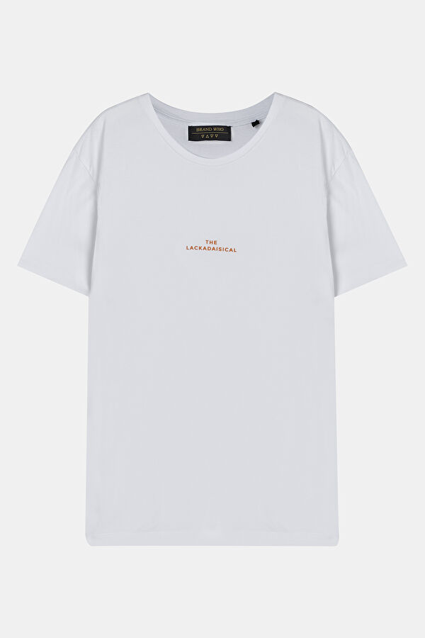 Relax Kalıp Beyaz Bisiklet Yaka Baskılı Erkek T-Shirt 3