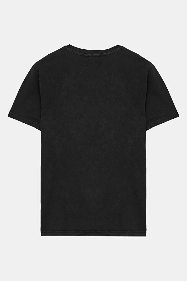 Relax Kalıp Siyah Bisiklet Yaka Baskılı Erkek T-Shirt 2