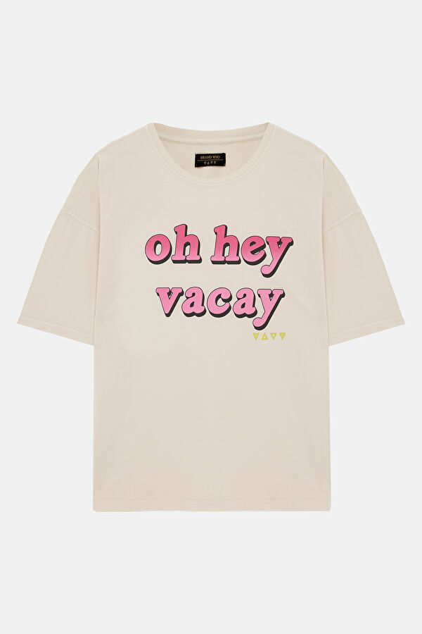 Relax Kalıp Bej Bisiklet Yaka Baskılı Erkek T-Shirt