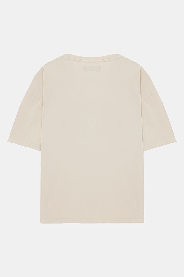 Relax Kalıp Bej Bisiklet Yaka Baskılı Erkek T-Shirt 2