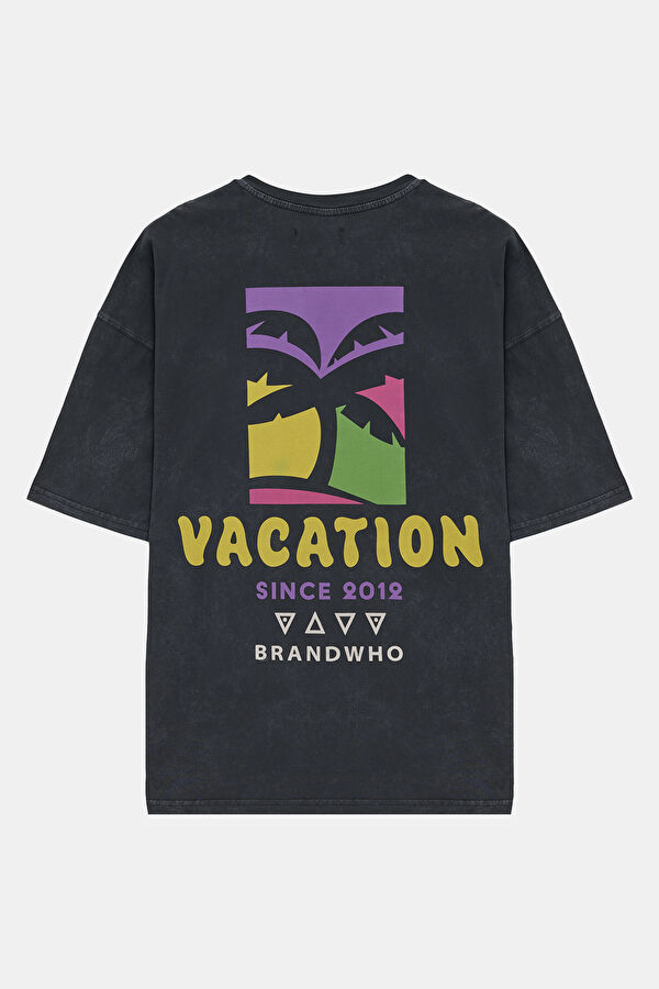 Relax Kalıp Siyah Bisiklet Yaka Baskılı Erkek T-Shirt 4