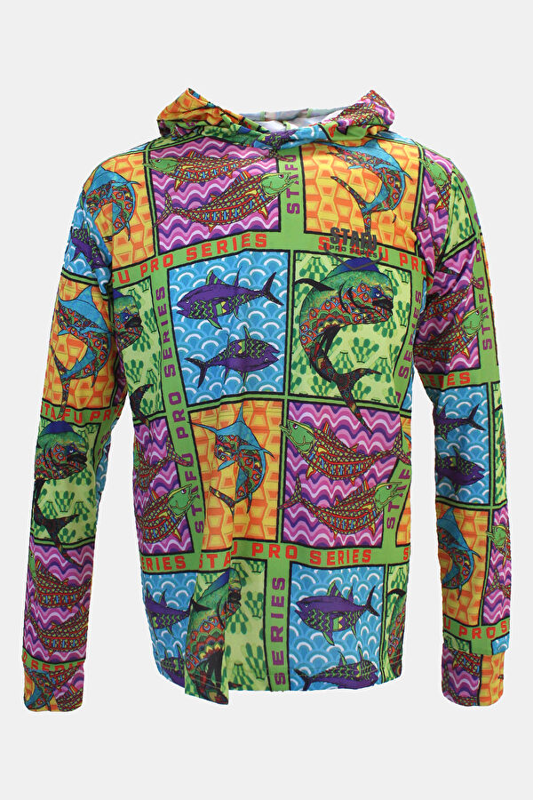 Kapüşonlu Fish Eye Desenli UV Korumalı T-Shirt