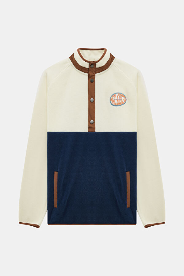 Ekru Dik Yaka Erkek Sweatshirt
