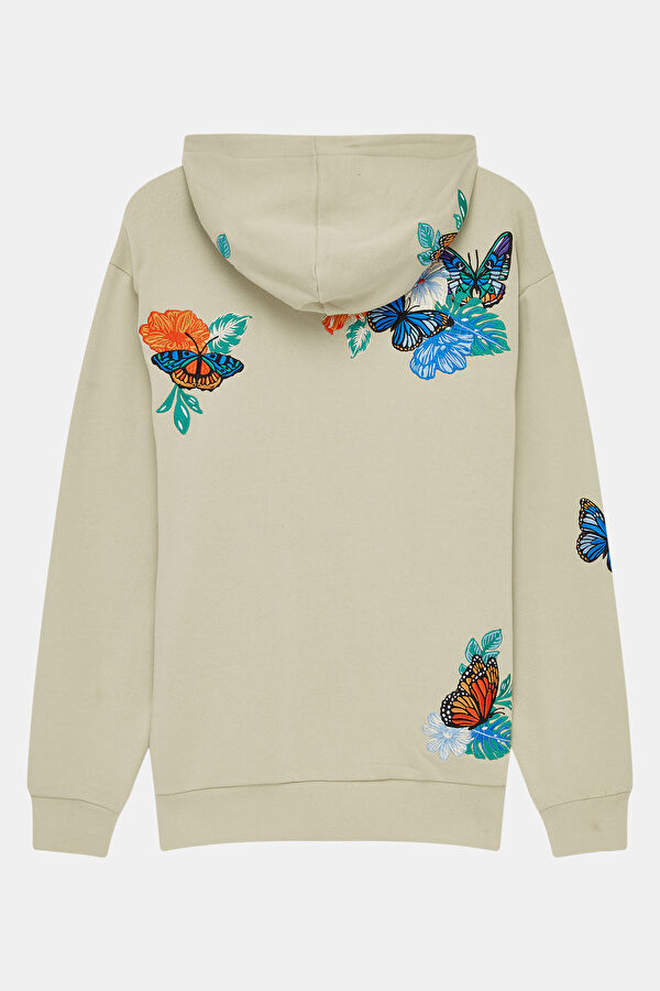 Krem Relax Kalıp Kapüşonlu Erkek Sweatshirt 2