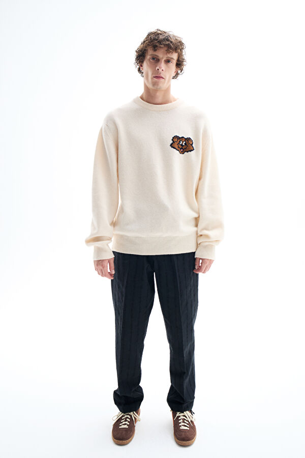 Cream Patterned Wool Knit Men's Sweater
