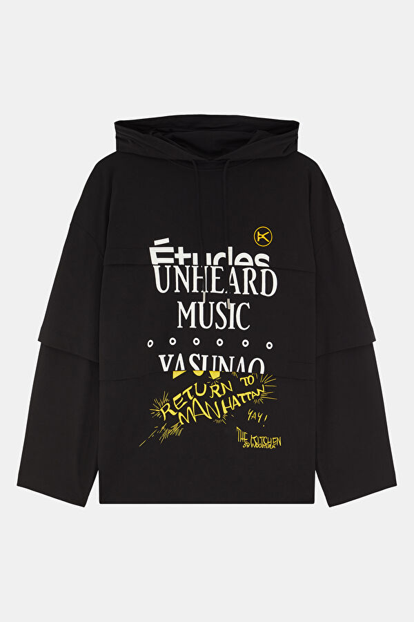 Siyah Relax Kalıp Kapüşonlu Erkek Sweatshirt