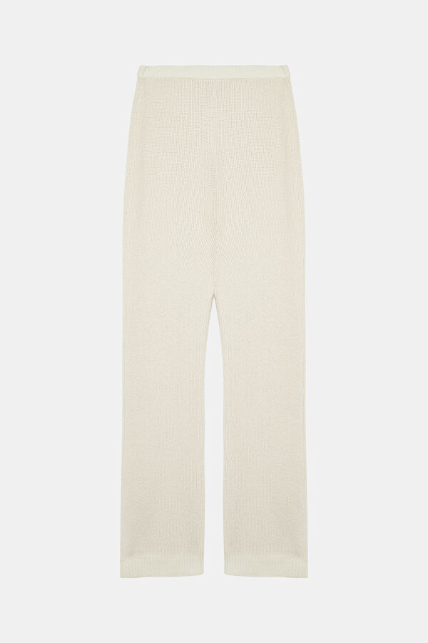 Off-white, straight-leg sports pants for women. 2