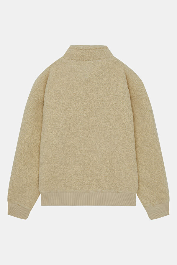 Krem Relax Kalıp Dik Yaka Erkek Sweatshirt 2