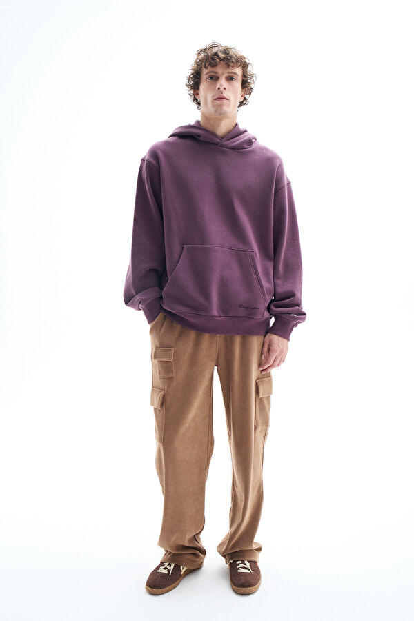 Mor Relax Kalıp Kapuşonlu Erkek Sweatshirt