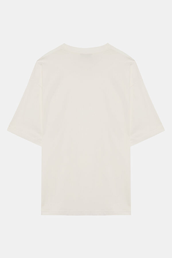 Relax Kalıp Krem Bisiklet Yaka T-Shirt 2