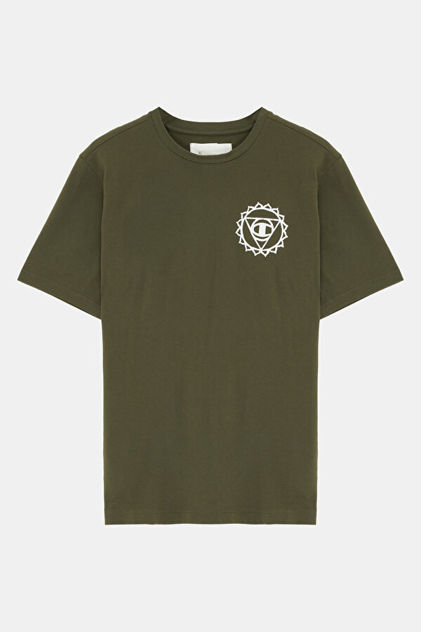 Oversize Haki Bisiklet Yaka Baskılı T-Shirt