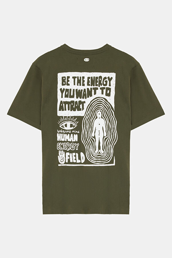 Oversize Haki Bisiklet Yaka Baskılı T-Shirt 2