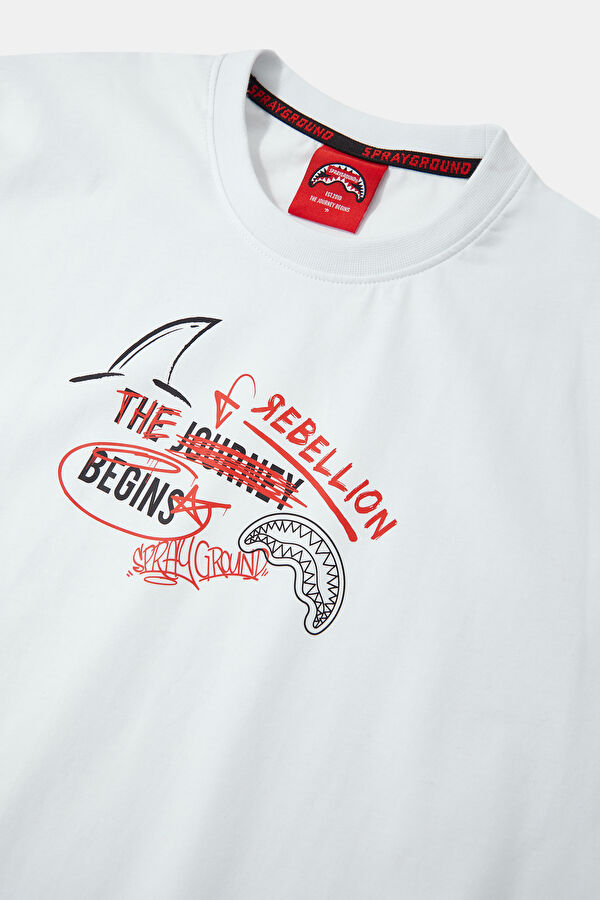 Relax Kalıp Beyaz Bisiklet Yaka Baskılı Erkek T-Shirt 3