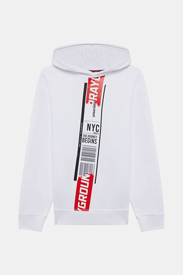 Beyaz Relax Kalıp Kapüşonlu Erkek Sweatshirt
