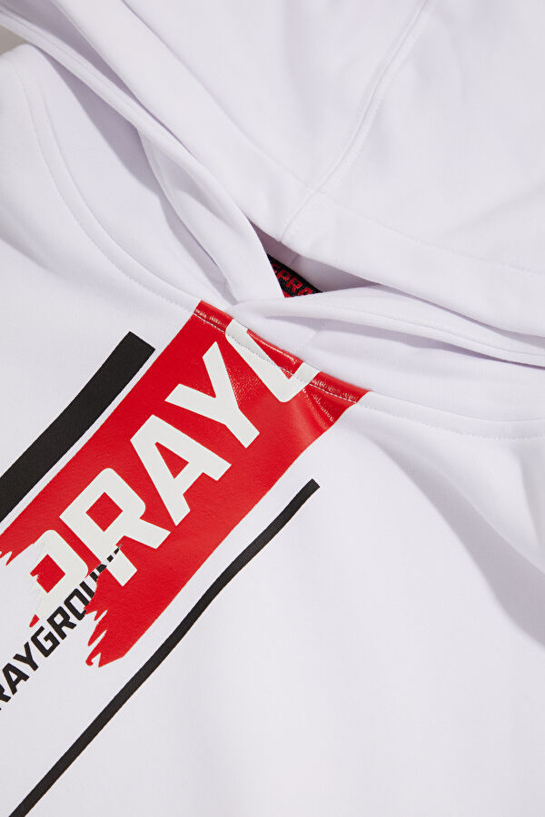 Beyaz Relax Kalıp Kapüşonlu Erkek Sweatshirt 3