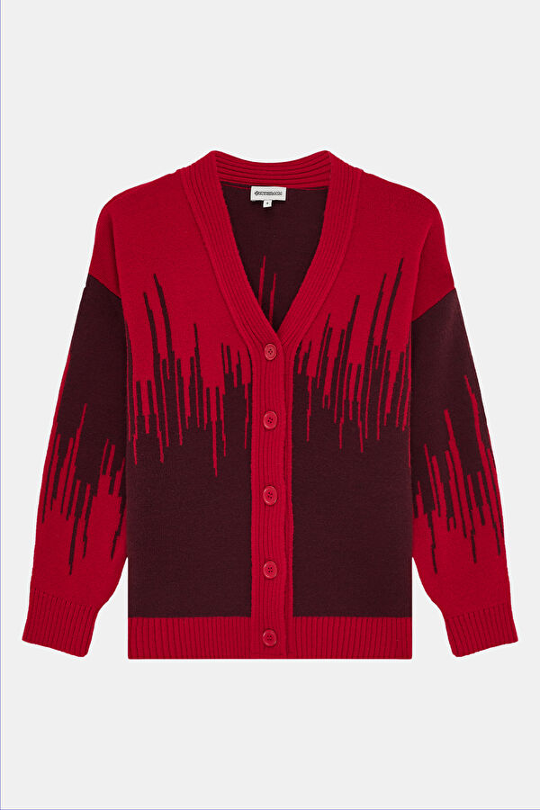 Red Patterned Knitted Women's Cardigan