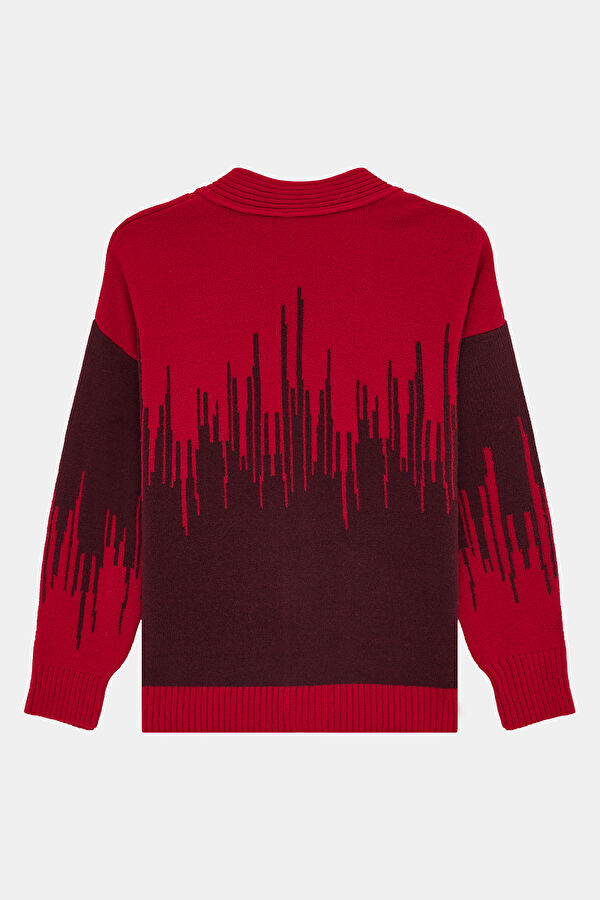 Red Patterned Knitted Women's Cardigan 2