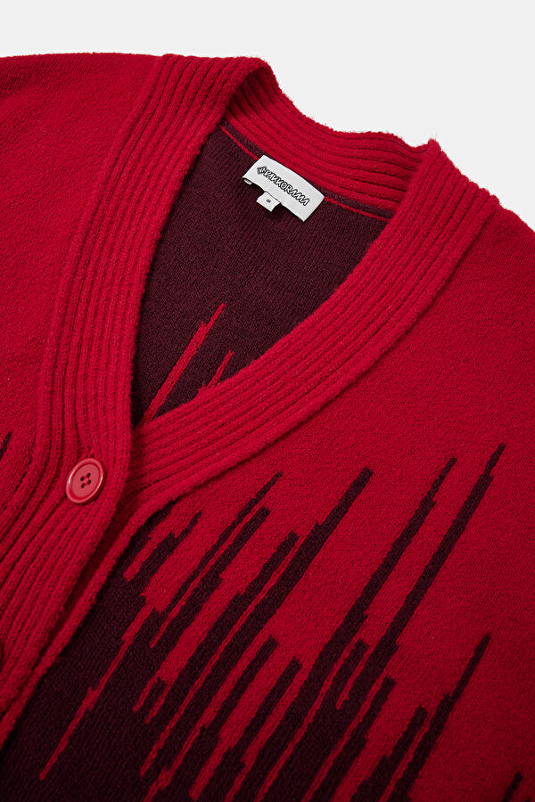 Red Patterned Knitted Women's Cardigan 3
