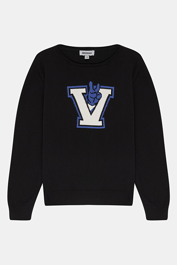 Navy Blue Embroidered Knitwear Sweater