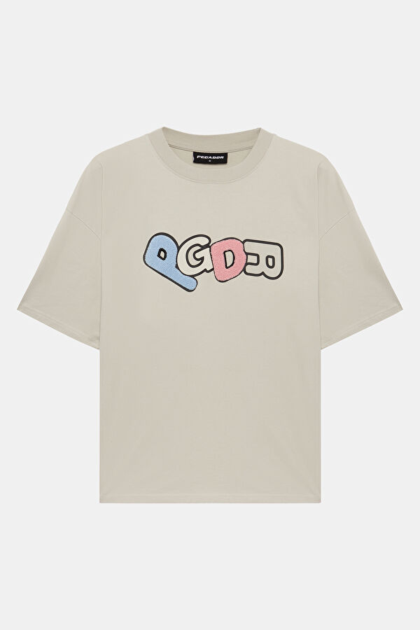 Oversize Açık Gri Bisiklet Yaka Baskılı T-Shirt