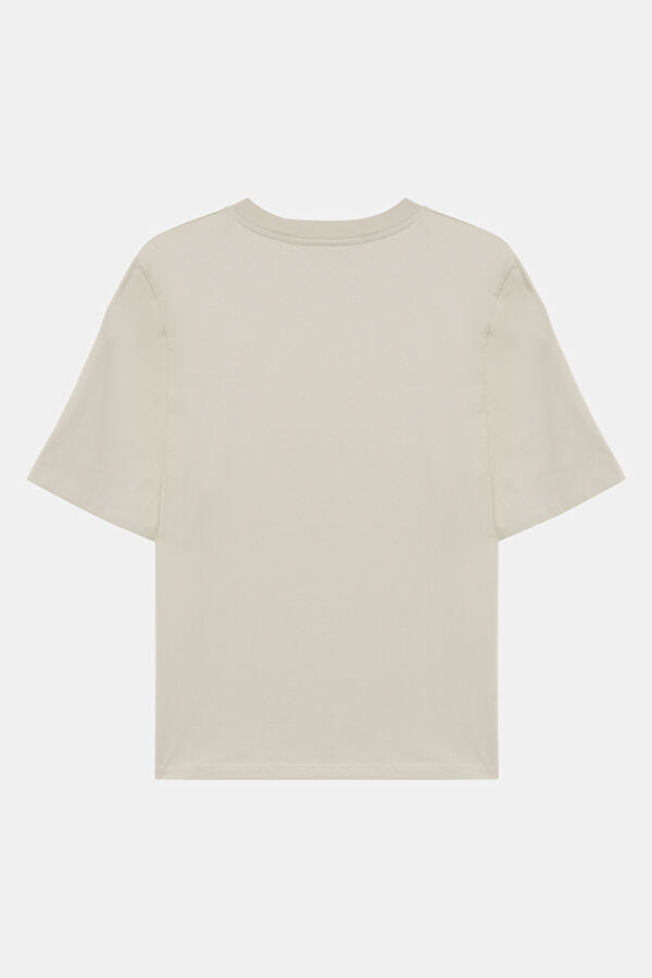 Oversize Açık Gri Bisiklet Yaka Baskılı T-Shirt 2