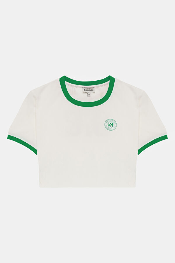 Ekru Bisiklet Yaka Baskılı T-Shirt
