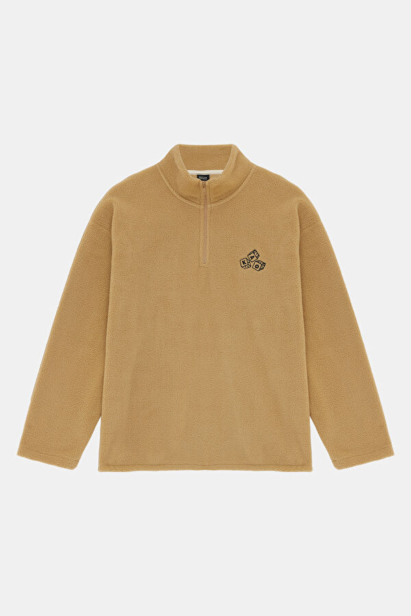 Bej Relax Kalıp Dik Yaka Erkek Sweatshirt