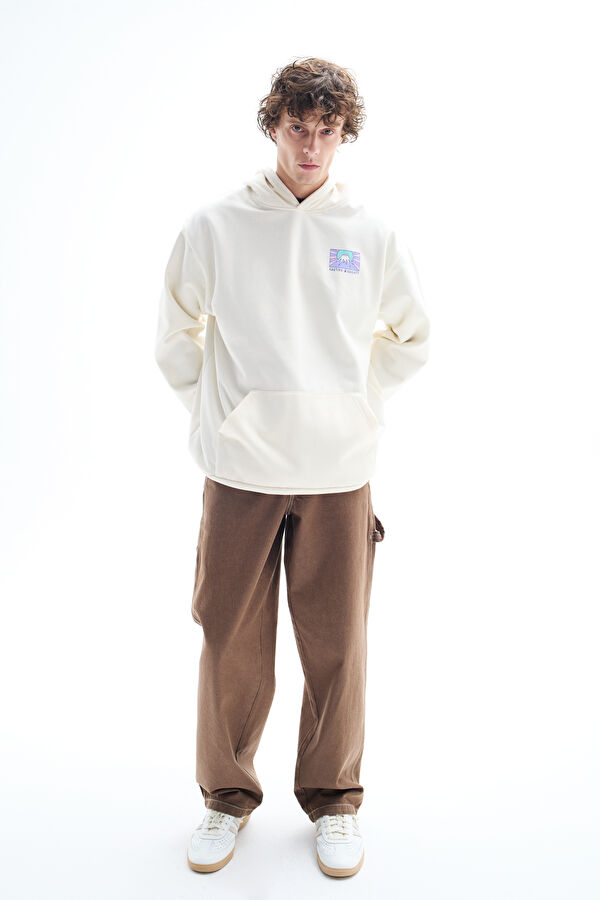Krem Relax Kalıp Kapuşonlu Erkek Sweatshirt