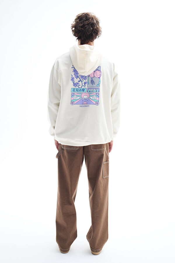 Krem Relax Kalıp Kapuşonlu Erkek Sweatshirt 2