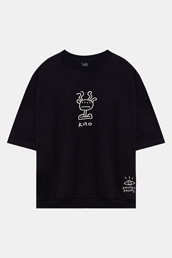 Relax Kalıp Siyah Bisiklet Yaka Baskılı T-Shirt
