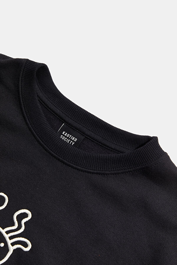 Relax Kalıp Siyah Bisiklet Yaka Baskılı T-Shirt 3