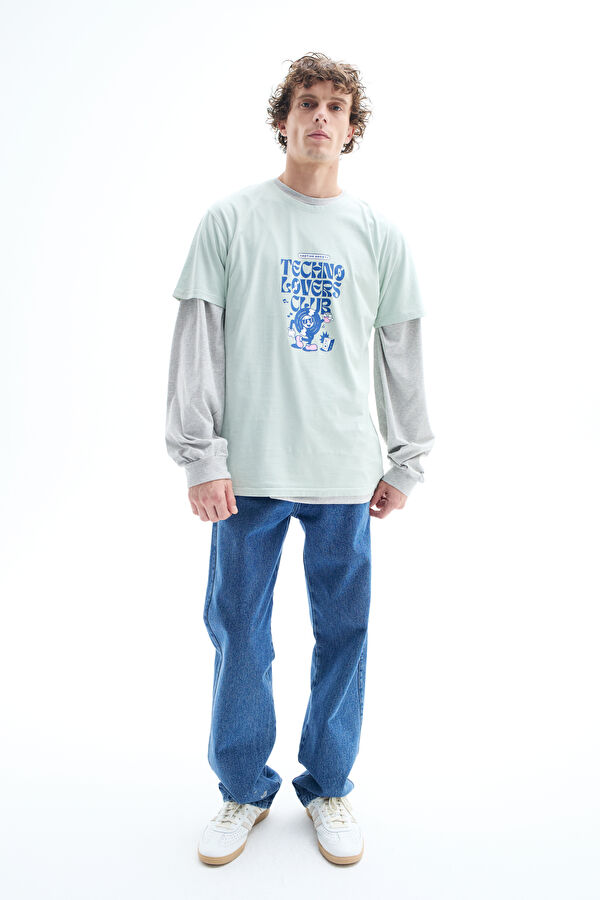 Relax Kalıp Açık Yeşil Bisiklet Yaka Baskılı Erkek T-Shirt