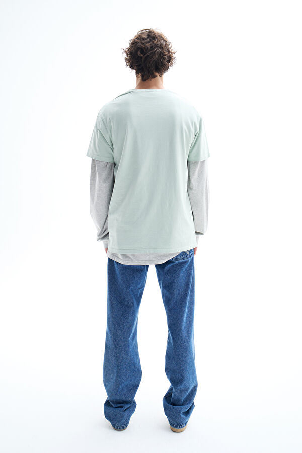 Relax Kalıp Açık Yeşil Bisiklet Yaka Baskılı Erkek T-Shirt 2