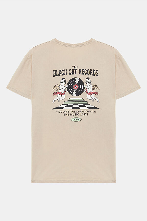 Relax Kalıp Krem Bisiklet Yaka Baskılı Erkek T-Shirt 2