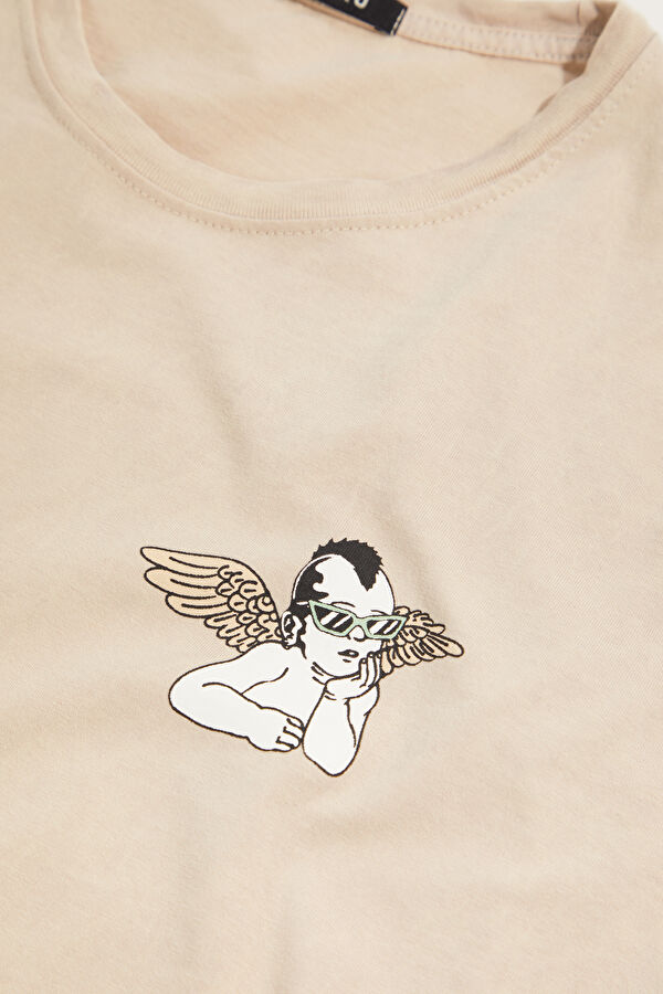 Relax Kalıp Krem Bisiklet Yaka Baskılı Erkek T-Shirt 3