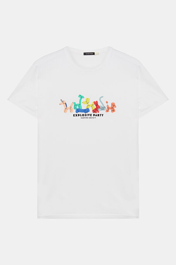 Relax Kalıp Beyaz Bisiklet Yaka Baskılı T-Shirt 3