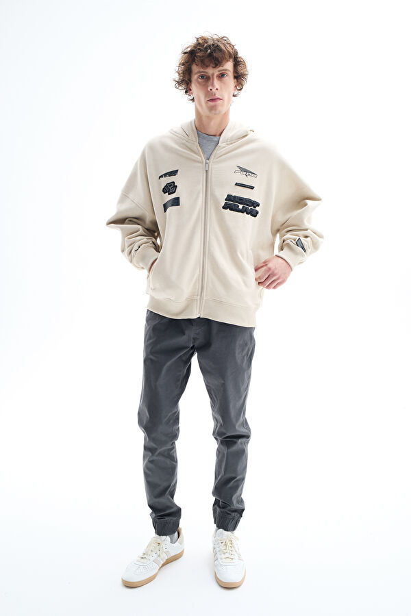 Bej Oversize Kapuşonlu Erkek Sweatshirt