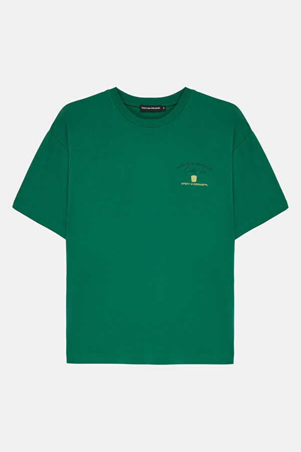 Relax Kalıp Yeşil Bisiklet Yaka Baskılı Erkek T-Shirt