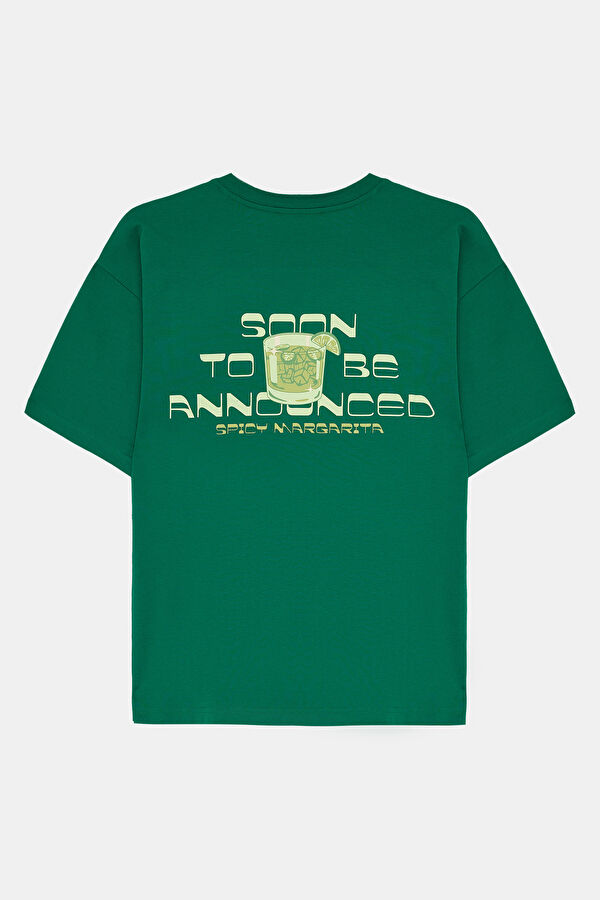 Relax Kalıp Yeşil Bisiklet Yaka Baskılı Erkek T-Shirt 2