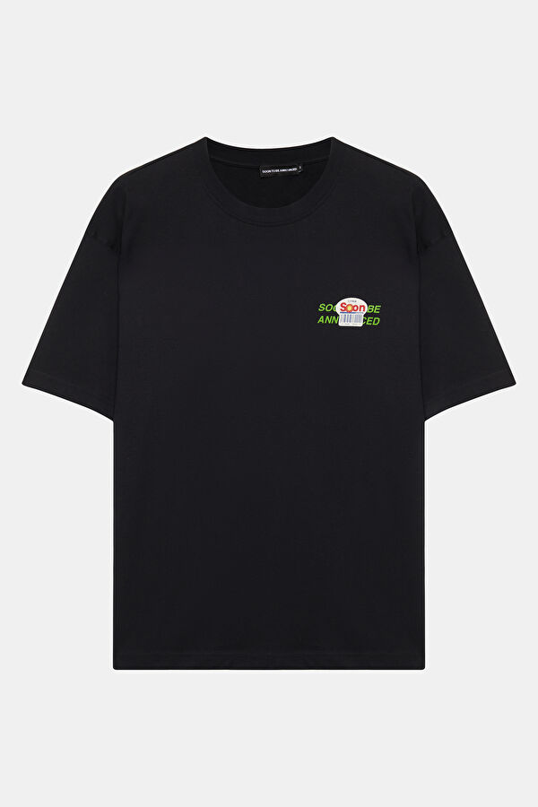 Relax Kalıp Siyah Bisiklet Yaka Baskılı Erkek T-Shirt