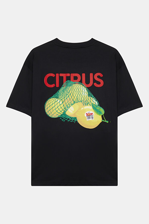 Relax Kalıp Siyah Bisiklet Yaka Baskılı Erkek T-Shirt 2