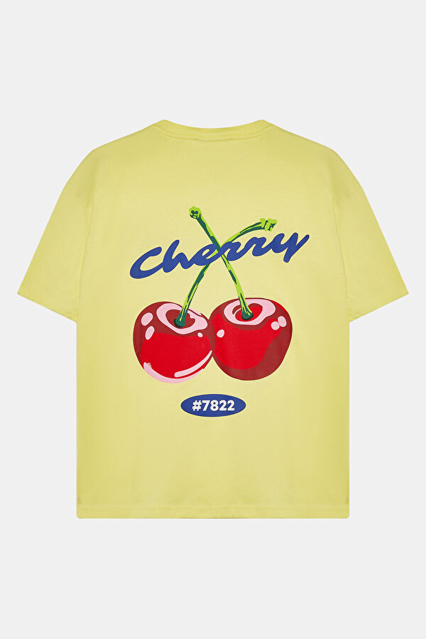 Relax Kalıp Sarı Bisiklet Yaka Baskılı T-Shirt 2