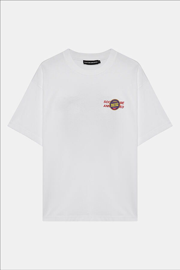 Relax Kalıp Beyaz Bisiklet Yaka Baskılı T-Shirt