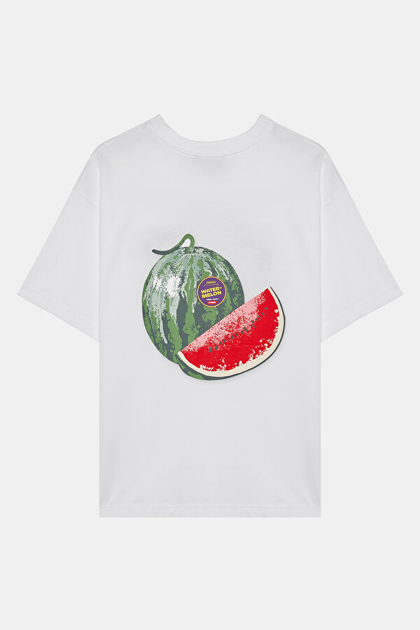 Relax Kalıp Beyaz Bisiklet Yaka Baskılı T-Shirt 2