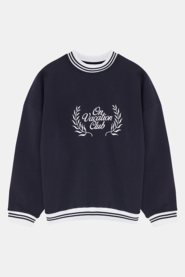 Lacivert Relax Kalıp Bisiklet Yaka Erkek Sweatshirt