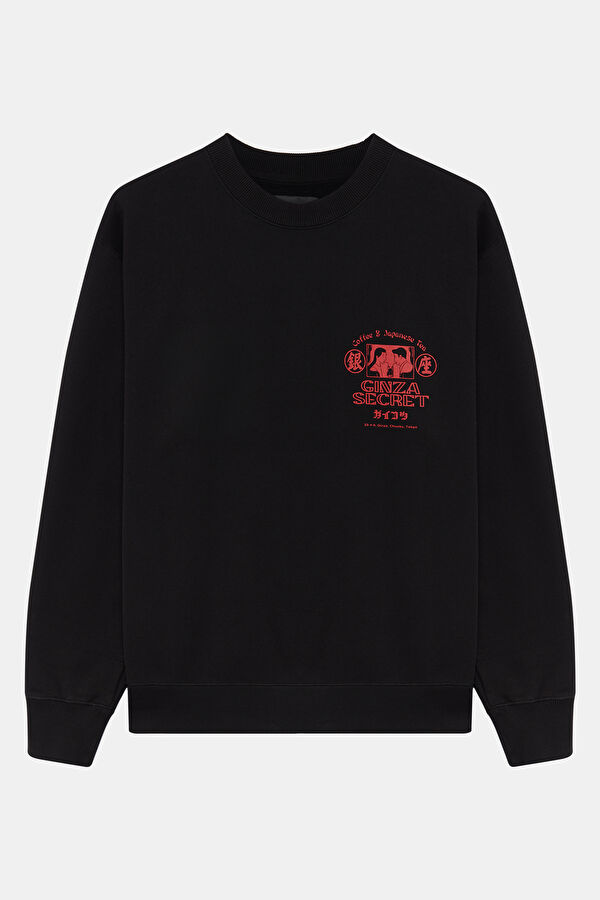 Siyah Relax Kalıp Bisiklet Yaka Erkek Sweatshirt