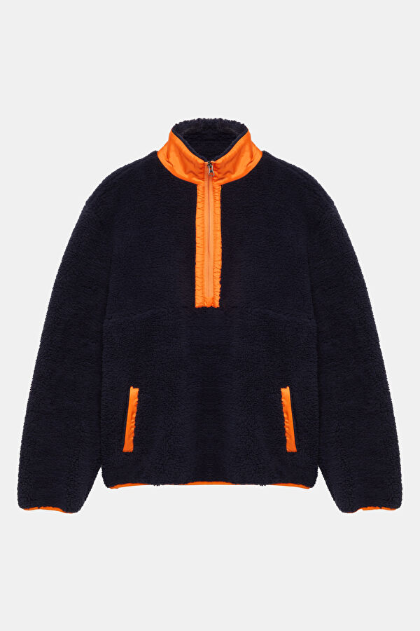 Lacivert Relax Kalıp Dik Yaka Erkek Sweatshirt